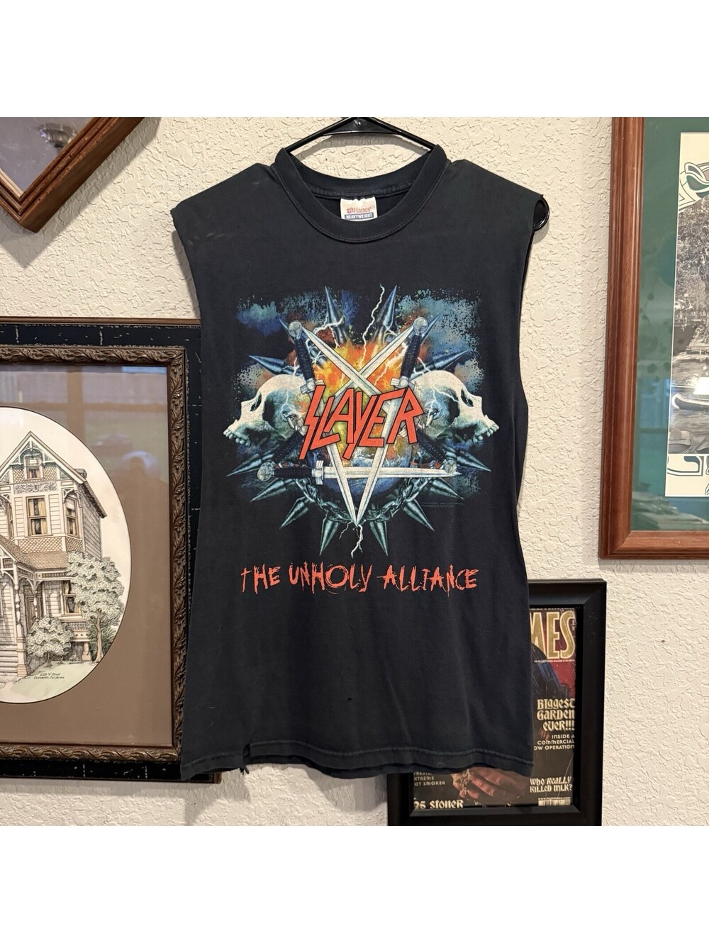 Vintage 00s RARE Slayer Cut Tank Black The Unholy Alliance Metal Skulls Sz Small